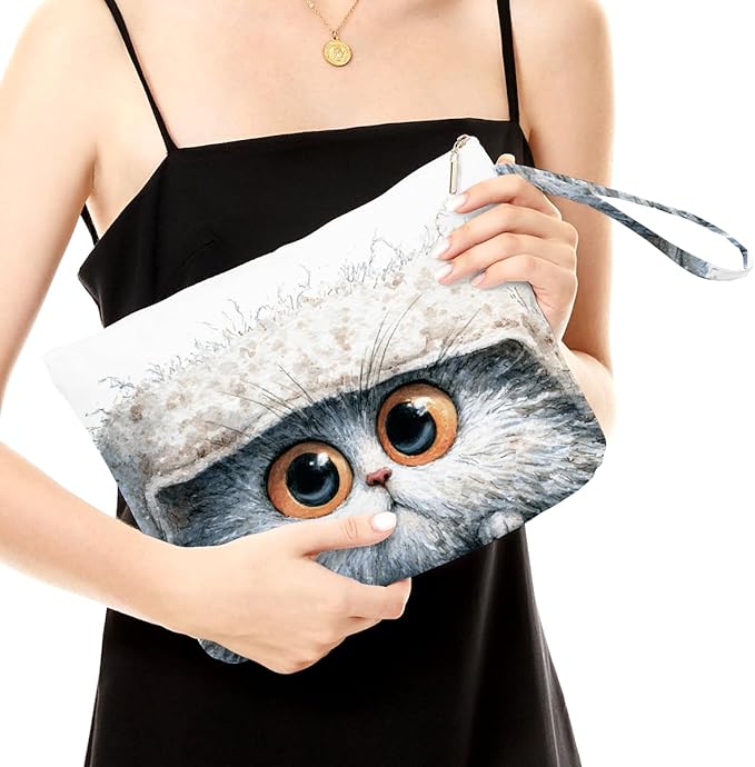 Fokongna Cute Print Wet Bag, Small Portable Waterproof Multi-Functional Organizer for Women, White Fluff Grey Eyed Cat, Ideal for Daily, Beach & Travel