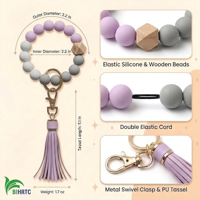 BIHRTC Key Ring Bracelet Car Keychain Holder Wristlet Silicone Women Beaded Bangle Chains