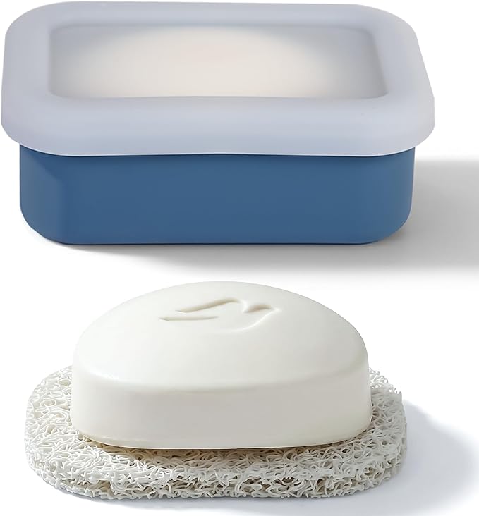 HighHerz Compact Leak Proof Silicone Travel Soap Case with Draining Tray - Portable Bar Soap Container - 2026 Upgrade Travel Essentials for Camping, Gym & Shower (Clear Blue)