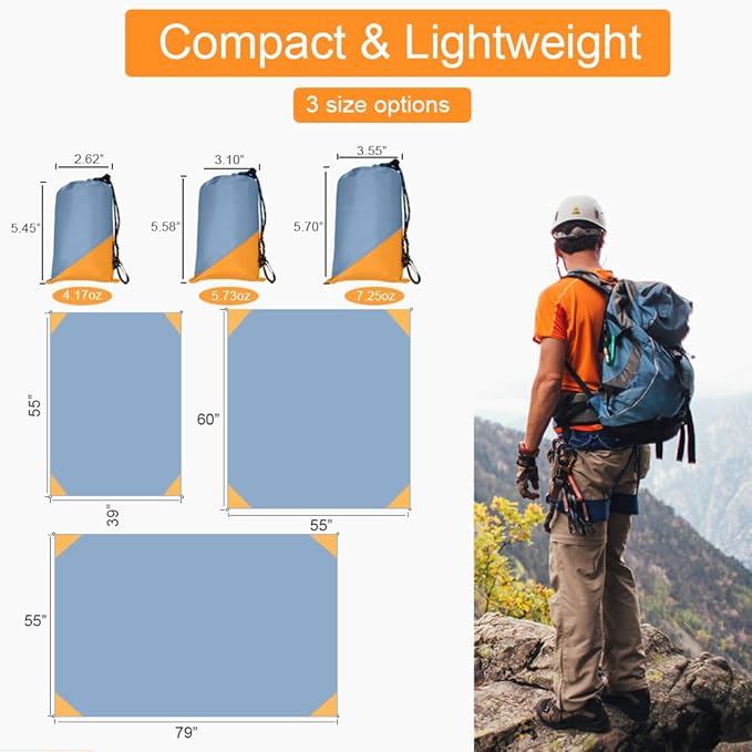 Orga'Neat Pocket Picnic Blanket, Beach Mat Waterproof Sandproof, Compact Lightweight Small Tarp for Camping, Hiking, Backpacking, Festival, Travel, Foldable in Bags (Grey/Orange, 55"x39")