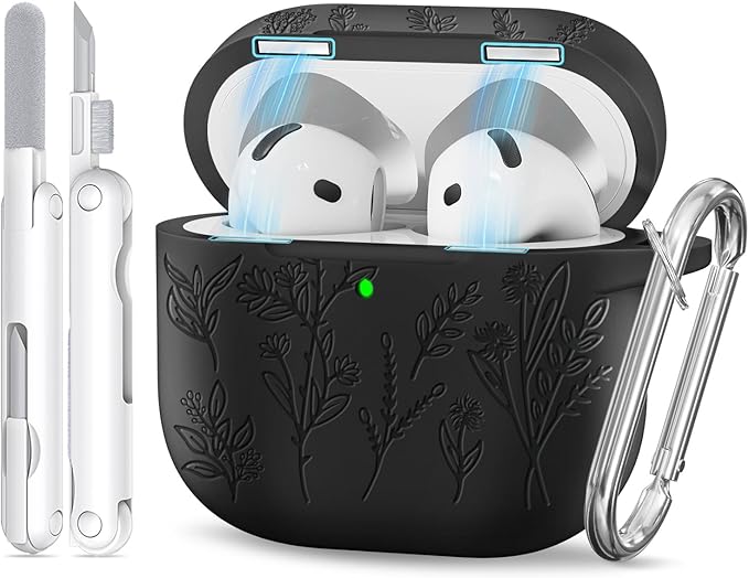 for Airpods 4 Case with Magnetic Lid, Ekoonpft Flower Engraved Cases for Apple AirPods 4th Generation 2024, Soft Silicone Cover for Women Girly with Cleaning Kit & Keychain, Shockproof