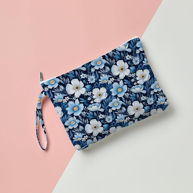 Fokongna Floral Print Wet Bag, Small Portable Waterproof Multi-Functional Organizer for Women, Ideal for Daily, Beach & Travel, Nautical Blue Daisy