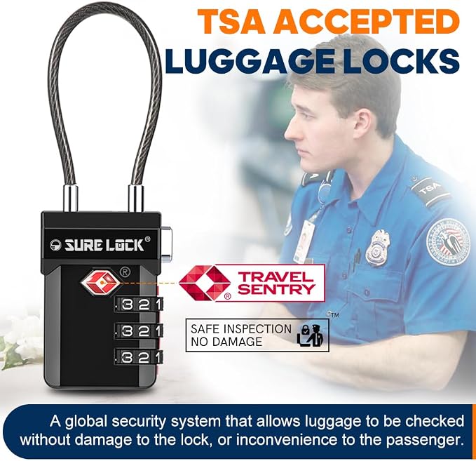 SURE LOCK TSA Approved Luggage Locks with Open Alert Indicator, 3 Digit Combination Cable Travel Lock for Suitcase, Backpack, Gym Locker, Toolbox, Carry On & Travel Bag