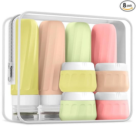 Mrsdry Travel Bottles for Toiletries 8 Pack, Travel Size Toiletries, Tsa Approved Travel Size Containers 3oz, with Travel Essentials Clear Bag, Leak Proof Silicone Squeezable Creams Jars