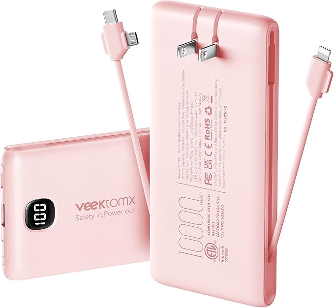 Portable Charger Power Bank Built in Cables and Wall Plug, 10000mAh iPhone Battery Pack Fast Charging, USB C External Slim Power Bank, Travel Essentials Compatible with iPhone 16 15 14 13 iPad, Pink