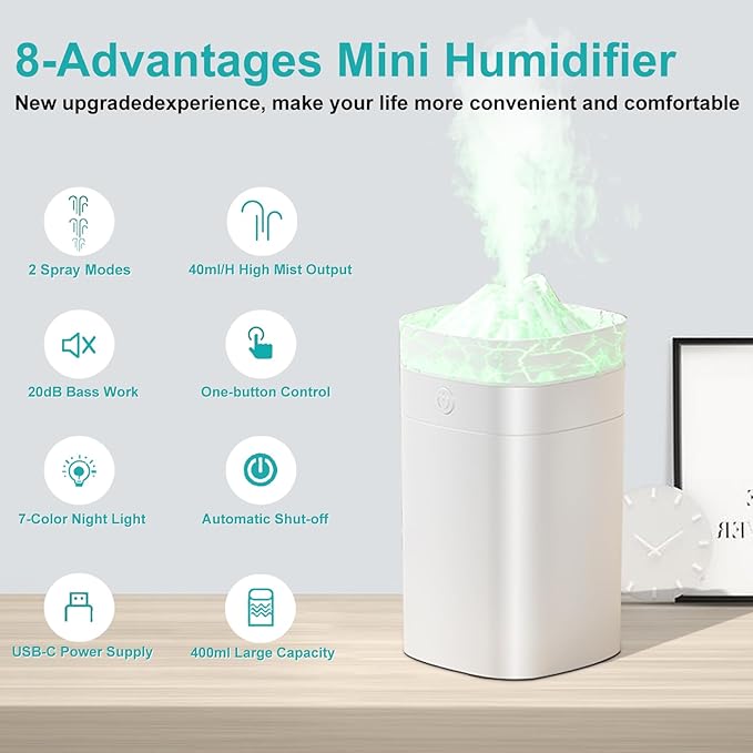 Portable Small Humidifier, 400ml Cool Mist Humidifiers for Bedroom, USB Powered Desktop Humidifier with Light for Car, Office, Travel, Plants, Auto Shut-Off, 2 Mist Modes, Super Quiet, White-Crackle