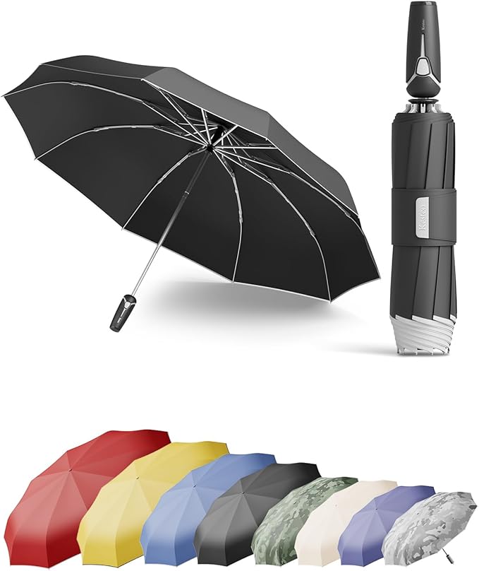 Windproof Travel Umbrella for Rain, Withstand 85MPH Winds, 52 Inch Automatic Reverse Fold Umbrellas Easy Auto Open Close, Portable Compact Umbrella Includes Cover Bag, Perfect for Travel, Car, Commute, Women Men, Backpack