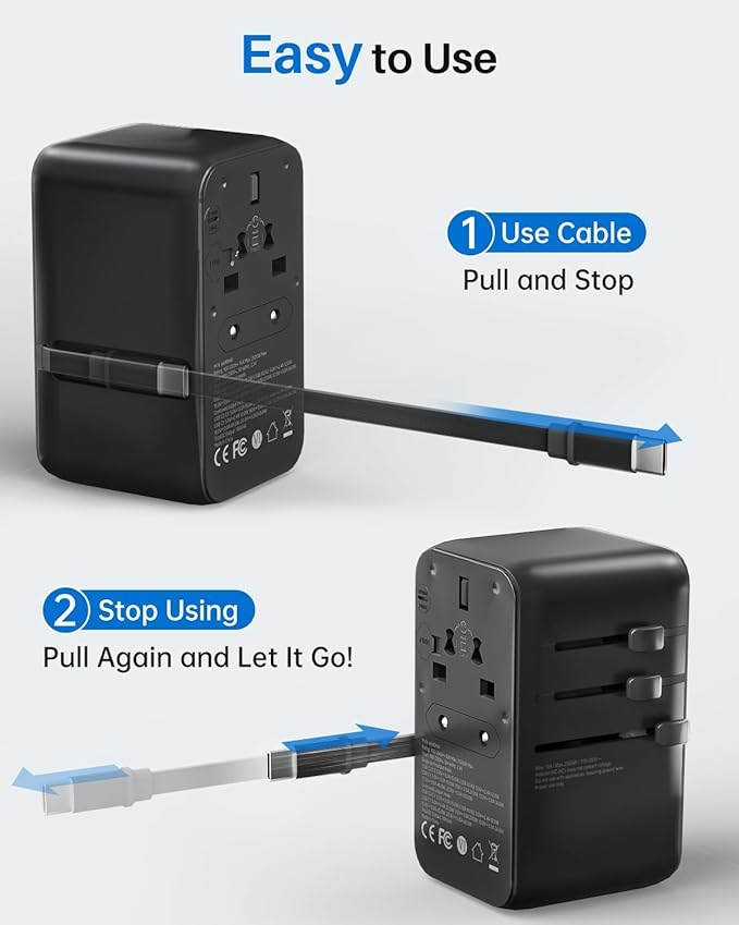 DOACE 100W GaN Universal Travel Adapter, 6-in-1 International Power Adapter, European Travel Plug with Built-in USB-C Cable, Fast Charging, Worldwide for EU UK US AUS, Travel Essentials (Black)