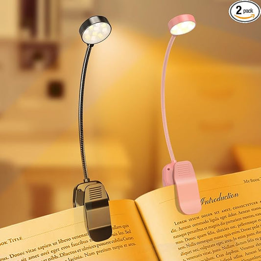 KTEBO Rechargeable Clip-On Book Light, 10-LED Bed Reading Lamp with 3 Color & 3 Brightness, USB-C, Up to 30-Hour Runtime, 360 Degree Gooseneck, Ultralight 1.4oz, Great Stocking Stuffers, Black & Pink