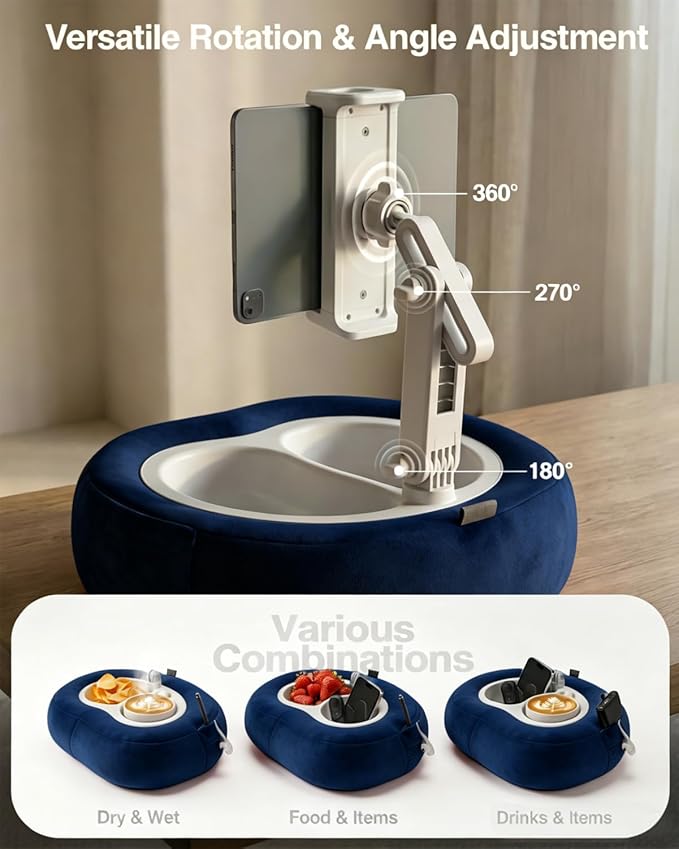 Miledi Tablet Pillow Stand, Compatible with 5"-12.9" Kindle, iPad, Phone/Tablet, 360° Rotating Phone Holder for Bed, Soft Plush Fabric, Detachable Bowl, Reading and Relaxation on Bed, Blue
