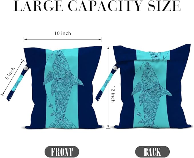 2 Pcs Orca Whale Wet Bags, Sea Turtle Wet Dry Bag Reusable Zipper Pouch for Swimsuit, Diapers, Pool, Beach, Travel, Dirty Yoga Gym Clothes, Toiletries, Waterproof Birthday Beach Gifts, Blue