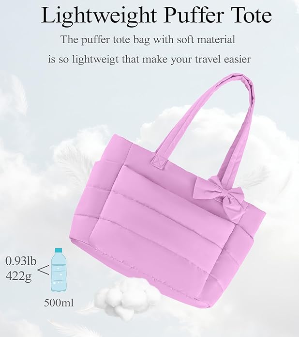 Puffer Tote Bag for Women, Quilted Bow Tote Bag with Cup Holder & 15.6 In Laptop Compartment for Work, Travel, Gym, College