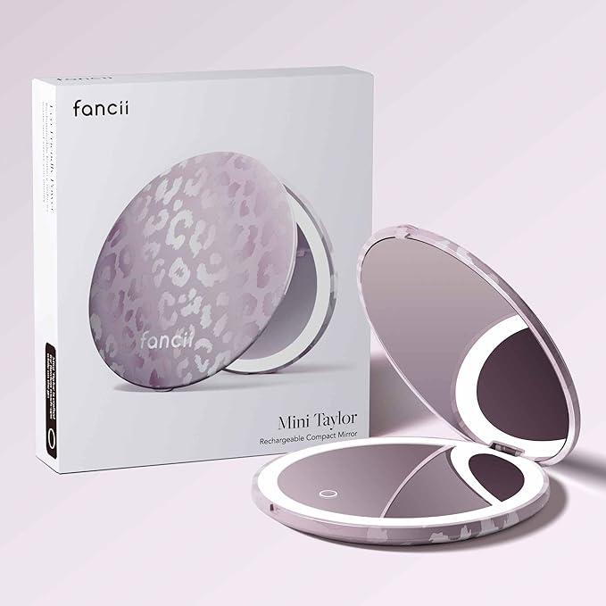 Fancii Mini Taylor Compact Magnifying Mirror with LED Light, 10x/1x, Rechargeable, 3 Light Settings, Dimmable-Small Lighted Travel Handheld Mirror for Pocket, Handbag, Purse, 2-Sided (Cosmic Leopard)
