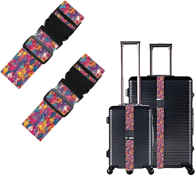 2 Pack Luggage Straps for Suitcases, Adjustable Travel Belt with Buckle, 2" Wide Heavy Duty Suitcase Straps for Summer Vacations, Graduation Trips, Vibrant Graffiti Collage Pattern, Multi