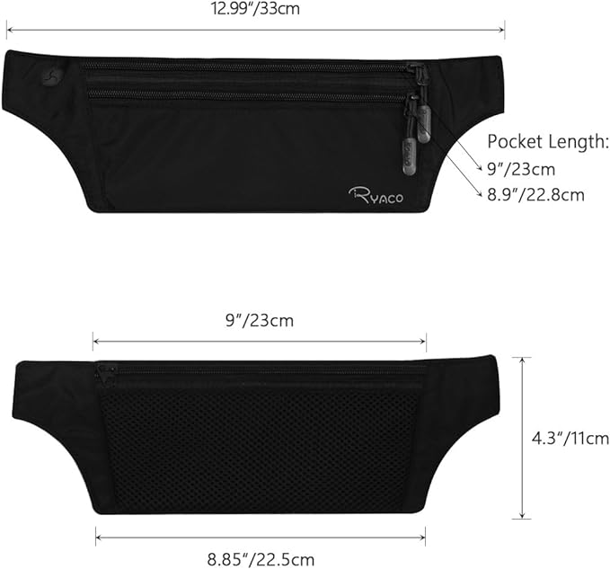 Ryaco Money Belt, Slim Passport Holder RFID Blocking Hidden Wallet Travel Essentials Pouch for Women Men With Adjustable Strap Waist Bag to Protect Cash, Credit Cards and Documents