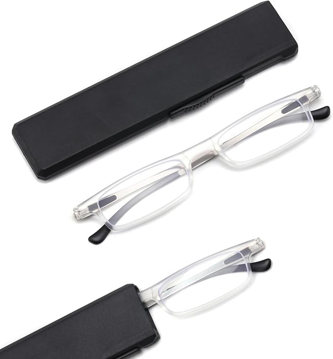 SKYOAK Ultra thin Lightweight Folding Reading Glasses Women Men TR90 Blue Light Blocking Anti UV/Eyestrain Foldable Compact Computer Readers Portable Unique Stretchable Slim Flat case Clear +100