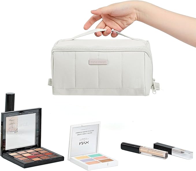 NISHEL Travel Makeup Bag for Women, Fluffy & Lightweight Open Flat Cosmetic Organizer with Multiple Functional Divider for Brush Independent Storage, Handle for Easy Portability, Beige