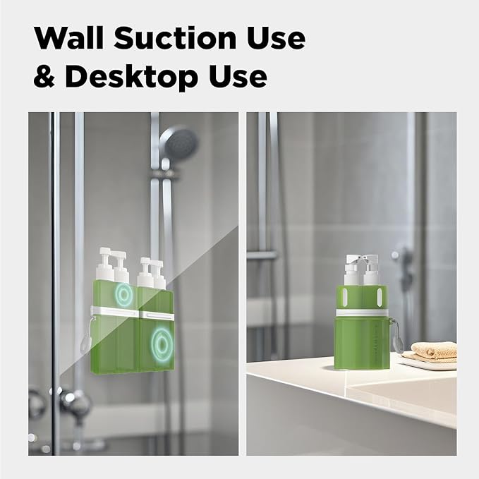4 in 1 Travel Dispenser Bottle, TSA Approved Refillable Shampoo and Conditioner Bottles Set with Suction Cup for Smooth Walls, Travel Size Toiletries Container for Body Wash/Lotion.(Green)