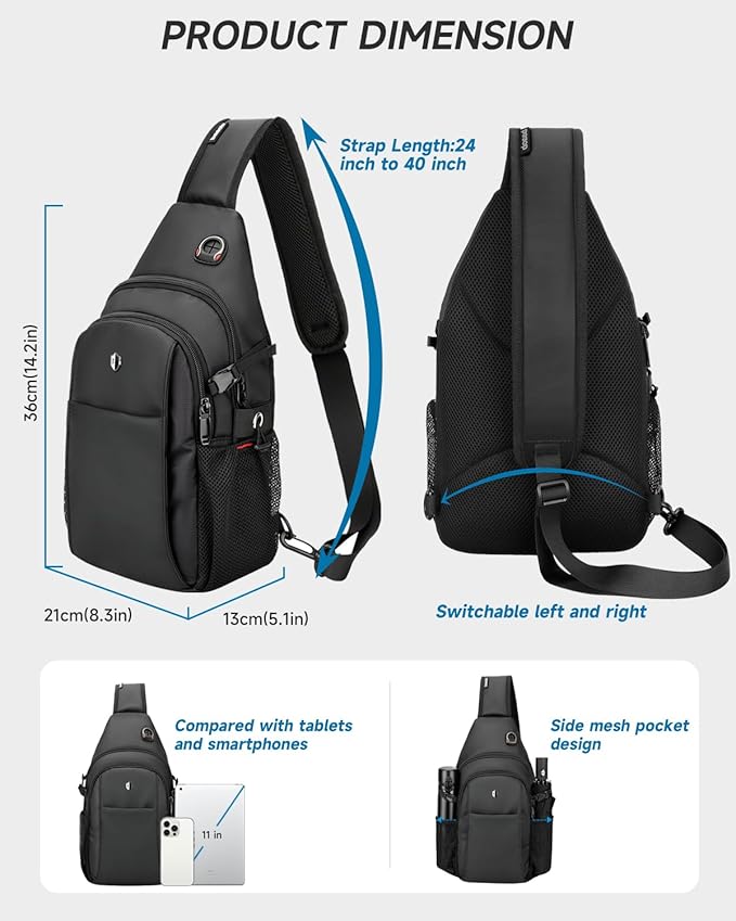 Anti-Theft Sling Bag for Men, Water Resistant lightweight Crossbody Backpack With Side Pocket, Built-in Audio Port, Reversible Strap, Travel Hiking Chest Pack Fits 11 inch iPad & Switch 2