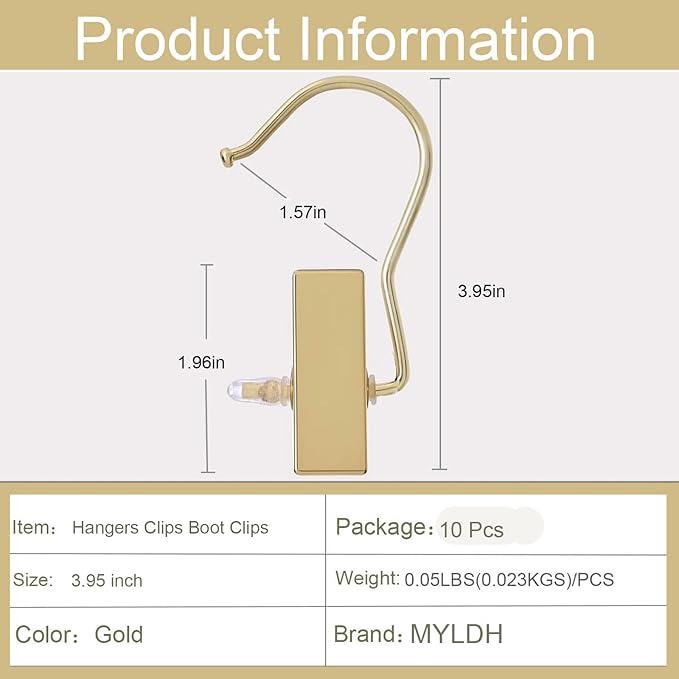 10Pcs Gold Boot Clips for Hanging, Single Clip Hangers, Laundry Hooks, Hat Clips for Hanging, Clothes Clip for Hanging Clothes, Premium Clothes Pins