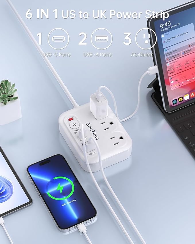 UK Travel Plug Adapter 13A Extension Cord, US to UK Type G C F International Power Adapter with 3 Outlets 3 USB Ports Travel Essentials Scotland London England British Irish Kenya Dubai Travel