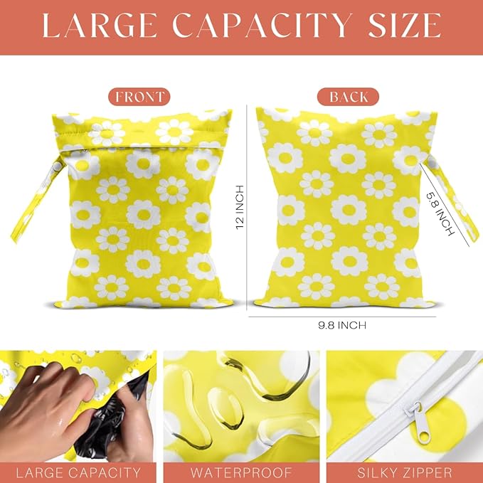 Floral Print Wet Dry Bag, Reusable Washable Waterproof Wet Bag for Swimsuit Diaper Dirty Clothes, Set of 3, Portable Storage Pouch for Travel Beach Pool Yoga Gym Camping, Colorful Daisy Tulip Pattern