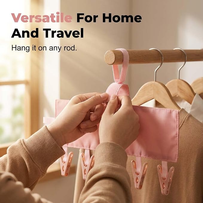 Foldable Travel Laundry Hanging Clip, 2026 New Lightweight Travel Hangers for Cruise and Hotel, Portable Folding Clothes Hanger with 6 Clips for Swimsuits Underwear Socks 3 Pack