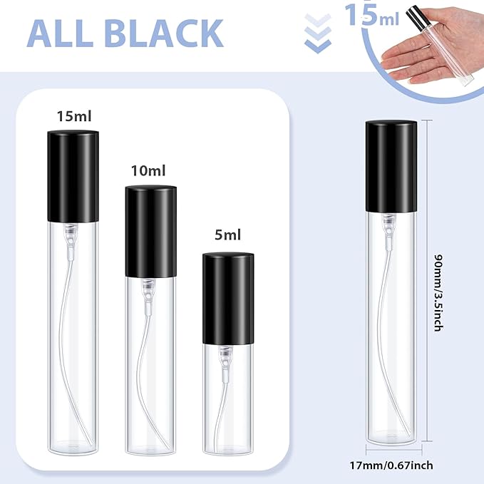 Yinder 50 Pcs 15ml Travel Spray Bottle Refillable Perfume Atomizer Bulk Glass Mini Cologne Perfume Bottles Empty Fine Mist Portable Small Sample Containers(Black)