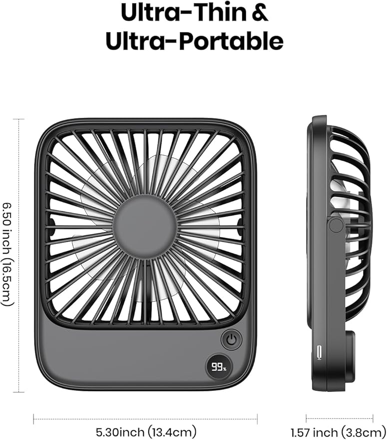 TOPK 2 Pack 5000mAh Portable Desk Fan, Ultra-Thin Rechargeable Battery Operated Fan with Digital Display, Quiet 4-Speed Small Personal Travel Fans for Office, Bedroom, Cruise, Outdoor