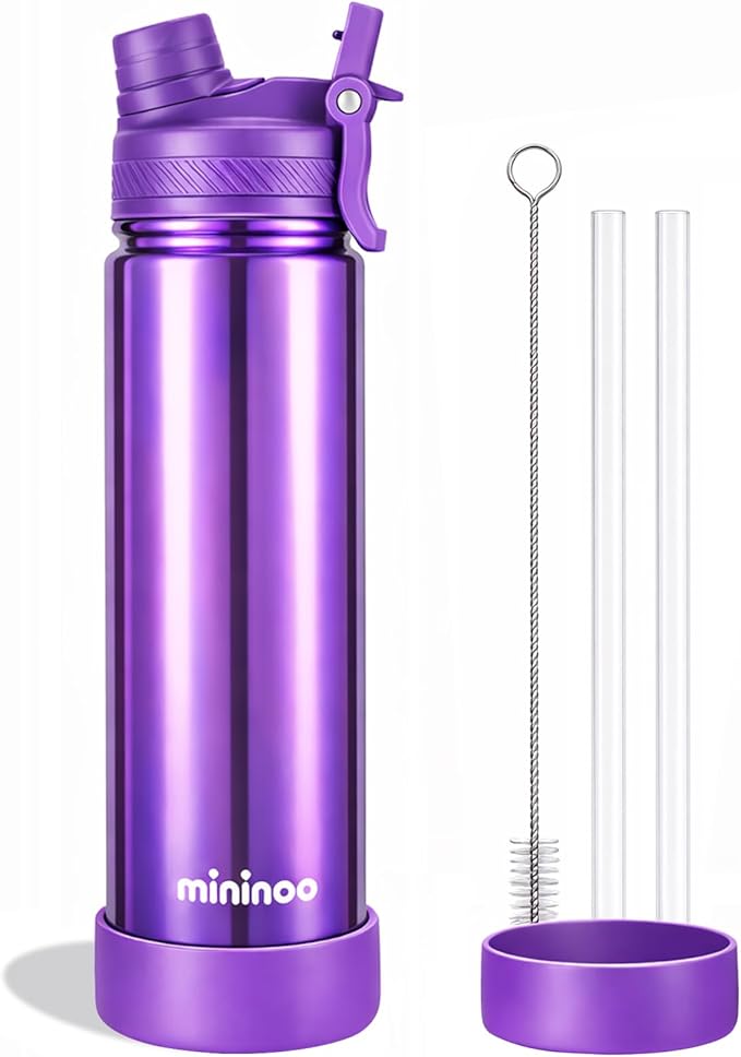 mininoo 24 oz Insulated Water Bottle with 2-in-1 Straw & Spout Lid, BPA-Free & Leak-Proof, Stainless Steel Water Bottle for Sports, Travel, and School, Violet Pulse