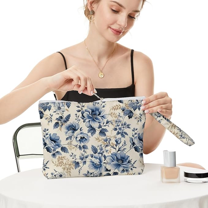 Fokongna Floral Print Wet Bag, Small Portable Waterproof Multi-Functional Organizer for Women, Ideal for Daily, Beach & Travel, Vintage Denim Blue Floral