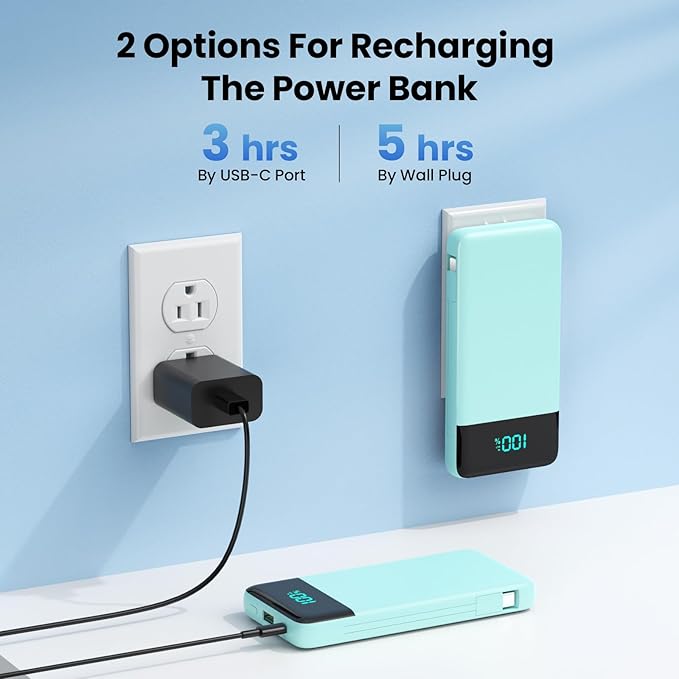 Portable Charger for iPhone with Built-in Cables and Wall Plug,Upgraded 13800mAh Fast Charging USB C Power Bank,4 Outputs Slim Travel Essentials Battery Pack for iPhone 17/16/14,Galaxy,Android-Green