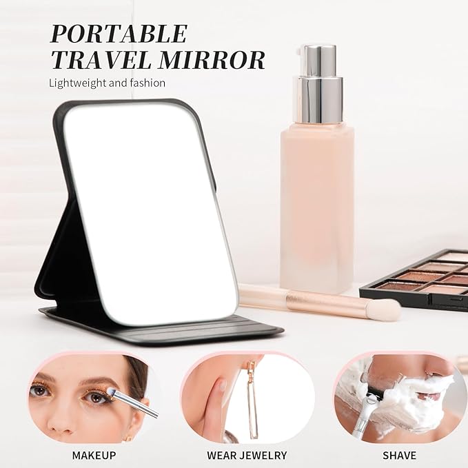 DUcare Mini Folding Mirror Pocket Portable Travel PU Portable Adjustable Rectangular Ultrathin Vanity Mirror with Stand, for Travel, Camping,Home