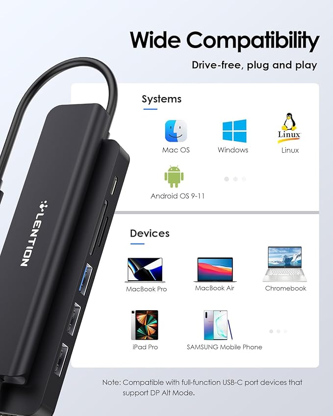 LENTION USB C Hub with 100W Charging, 4K HDMI, Dual Card Reader, USB 3.0 & 2.0 Compatible MacBook Pro, New Mac Air/Surface, Chromebook, More, Stable Driver Adapter (CB-CE18.Black)