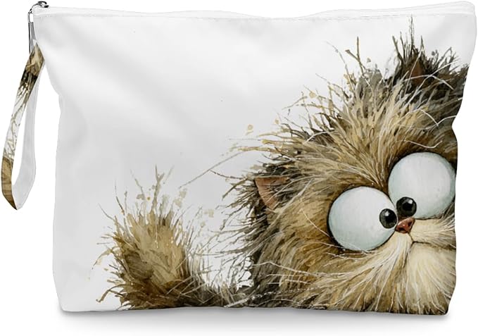 Fokongna Cute Print Wet Bag, Small Portable Waterproof Multi-Functional Organizer for Women, Beige Fluffy Tabby Cat, Ideal for Daily, Beach & Travel