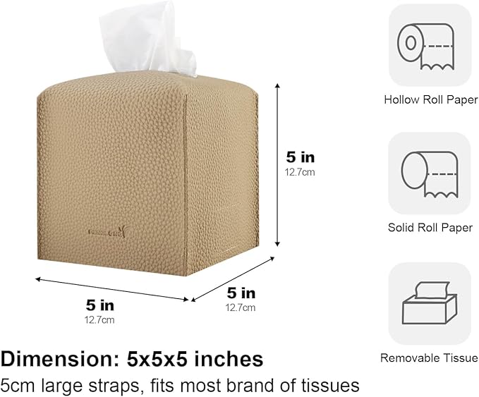 Tissue Box Cover 5X5X5'' PU Leather Tissue Holder Square Tissue Cube Box Organizer for Bathroom Vanity Countertop, Car, Night Stands, Office, Home, Kitchen (1Pack, Wood Apricot)