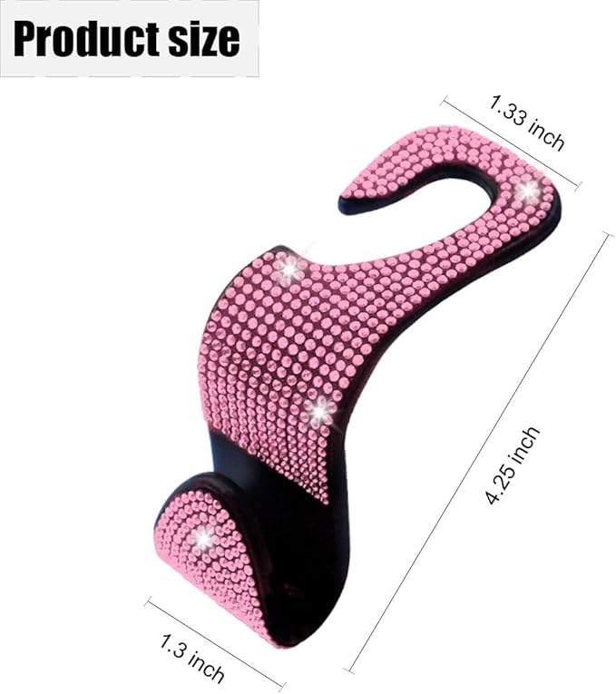 LAINLOY 4PCS Bling Car Headrest Hook, Crystal Rhinestone Back Seat Purse Holder, Car Seat Hanger Storage for Bag, Grocery, Handbag, Universal Interior Accessories for SUV Car Truck (Pink)