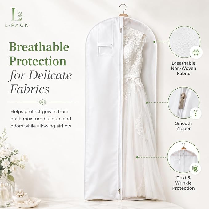 LPack Garment Bag for Long Dresses, Extra Long Breathable Garment Bag with Pockets & Gusset for Wedding Gowns, Bridal, Prom & Formal Dresses, Travel & Storage, White, 72"