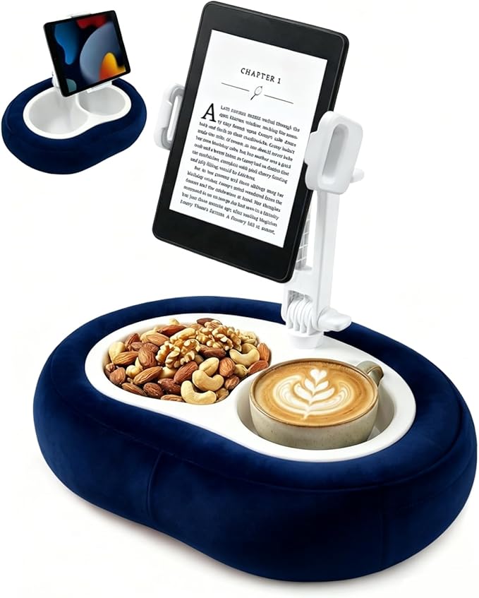 Miledi Tablet Pillow Stand, Compatible with 5"-12.9" Kindle, iPad, Phone/Tablet, 360° Rotating Phone Holder for Bed, Soft Plush Fabric, Detachable Bowl, Reading and Relaxation on Bed, Blue
