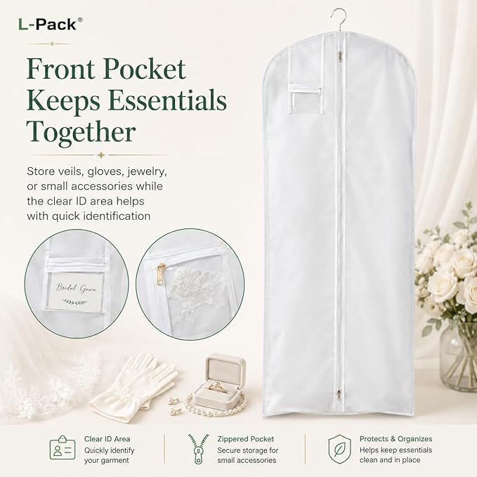 LPack Garment Bag for Long Dresses, Extra Long Breathable Garment Bag with Pockets & Gusset for Wedding Gowns, Bridal, Prom & Formal Dresses, Travel & Storage, White, 72"