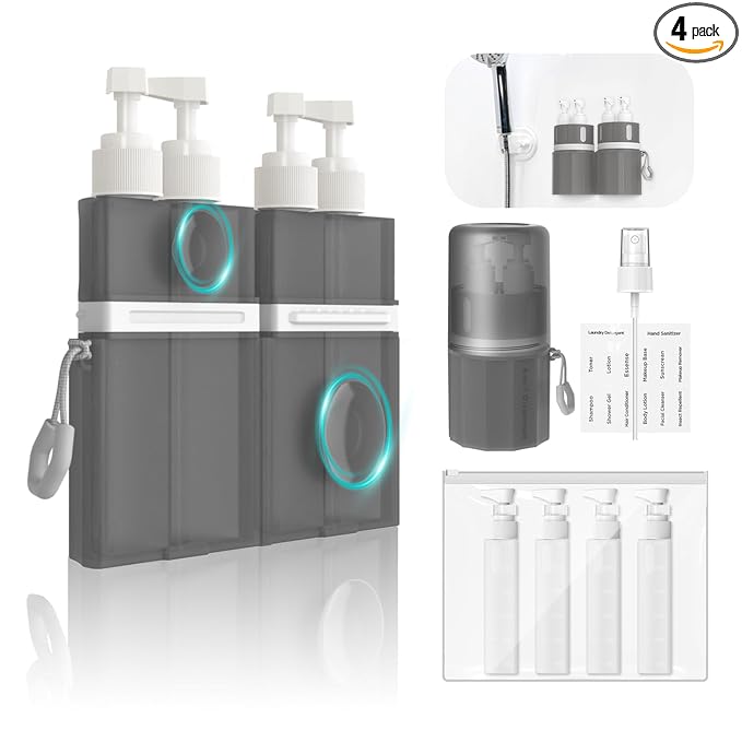 YOTIME 4 in 1 Travel Dispenser Bottle, Vacuum Silicone Suction Cup for Smooth Walls, TSA Approved Leak Proof Travel Size Containers for Toiletries, Shampoo, Body Wash and Conditioner, Gray
