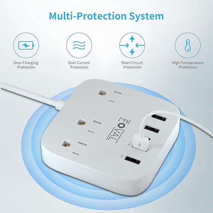European Travel Plug Adapter, FOVAL EU UK US Power Strip with USB C and 4 USB Ports, 3 AC Outlets, Wall Mountable, 5ft Extension Cord, Compact for Travel, Cruise Ship, Home Office (White)