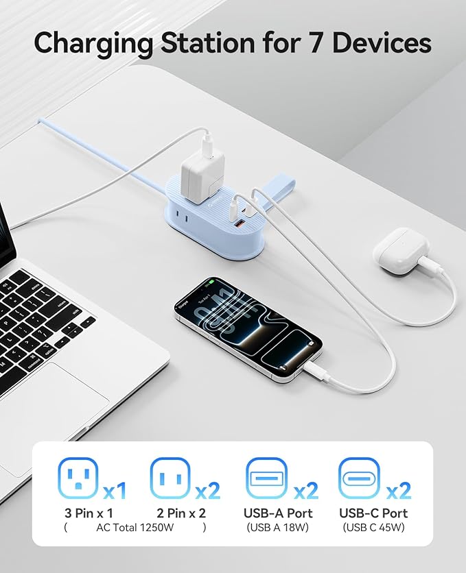 ORICO 45W Power Strip for iPhone 17 and Galaxy S25, 7 in 1 Charging Station with 3AC, 2 USB-A, 2 USB-C, 4ft Thin Extension Cord, Flat Plug Fashion Essential for Cruise Ship/Travel/Home/Dorm - TK45