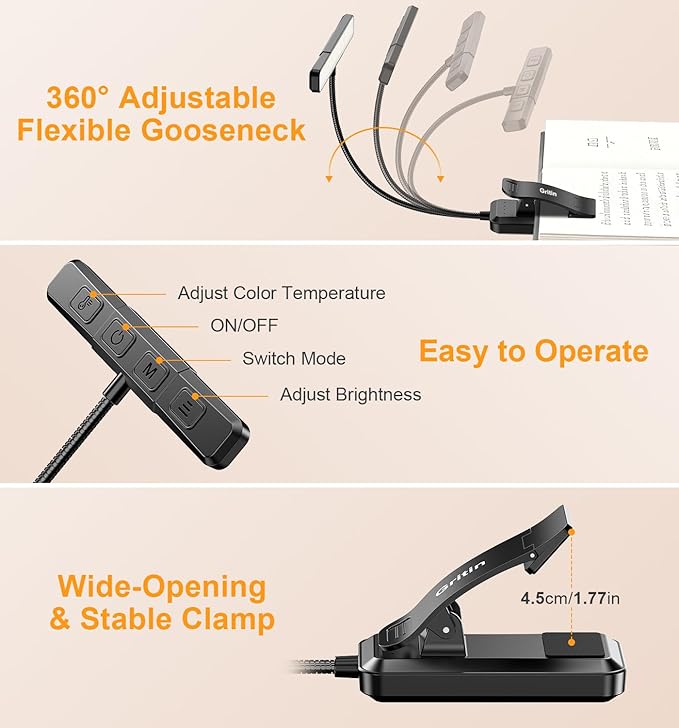 Gritin 2026 Gen 2 Book Light for Reading- 32 Eye Caring Full Spectrum LED, 5 Colors & 5 Brightness, Adjustable Wide/Narrow Beam, Upgrade 1500mAh Long-Lasting Rechargeable Clip on Light for Book Lovers