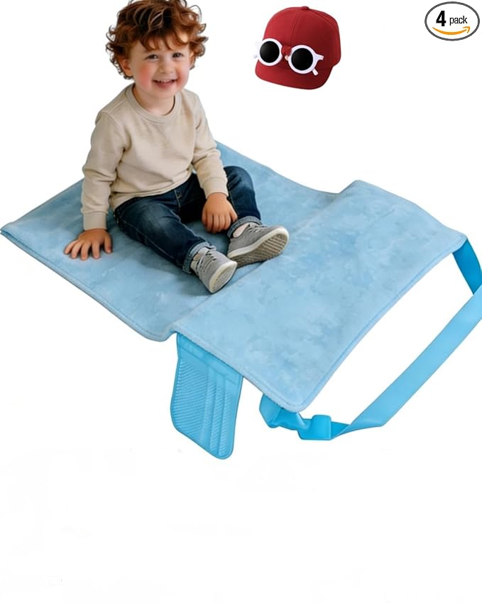 Light Blue Toddler Airplane Bed with Burgundy Hat, Portable Airplane Seat Extender Travel Bed for Kids, Soft Baby Plane Travel Essentials for Flying, Toddlers Long Flight Must Haves Footrest