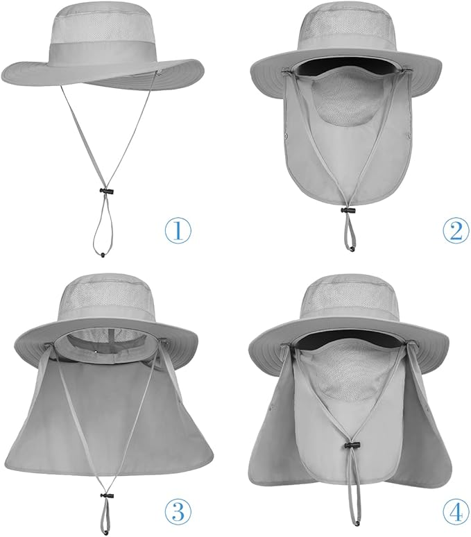 3 Pack Mens Outdoor Wide Brim Fishing Hat,UPF 50+ Sun Protection Cap with Face Neck Flap for Hiking & Garden