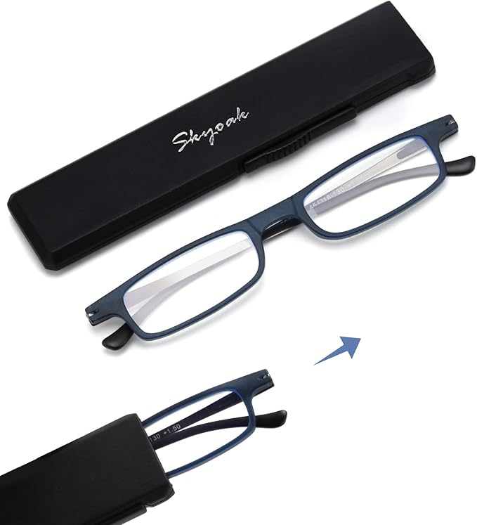 Ultra thin Lightweight Folding Reading Glasses Women Men TR90 Blue Light Blocking Anti UV/Eyestrain Foldable Compact Computer Readers Portable Unique Stretchable Slim Flat case Blue +1.75
