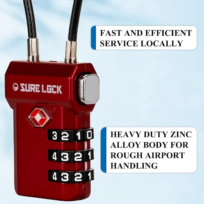 SURE LOCK TSA Approved Luggage Locks with Open Alert Indicator, 3 Digit Combination Cable Travel Lock for Suitcase, Backpack, Gym Locker, Toolbox, Carry On & Travel Bag
