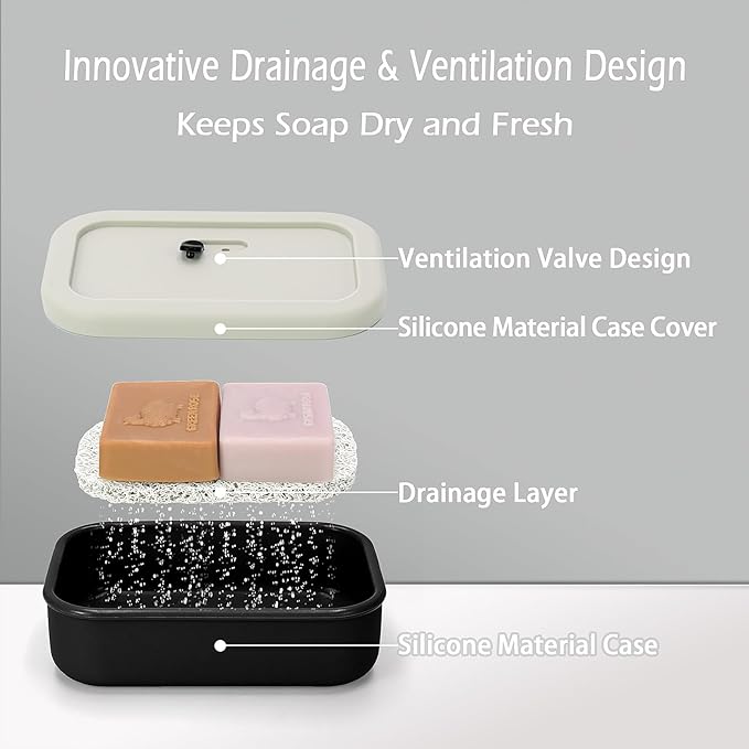 AIDIMMING Large Leak Proof Travel Soap Case, Vented Shampoo Bar Holder for Kitsch Shampoo and Conditioner Bar Set, Drain Tray Container for Large Bars, Handmade Bars, Travel Gym (Offwhite& Black)