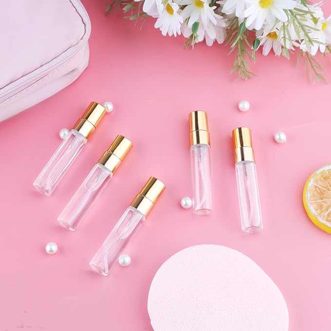 30 Pcs 5ml/0.17oz Mini Spray Bottle Glass Fine Mist Perfume Atomizer Empty Sample Containers with Golden Lids for Travel Cleaning Essential Oils